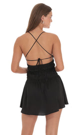 Satin Smocked Ruche Cutout Dress in Black